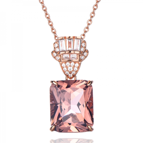 925 Sterling Silver Square Light Pink Zircon Pendant with Rhodium Plated Necklace 