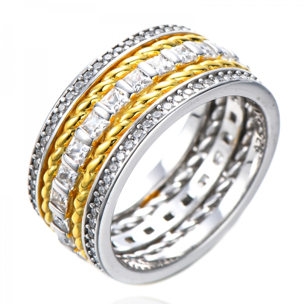 925 Sterling Silver Rings Square CZ Diamond 2 Tone Plating Wedding Band Eternity Rings 