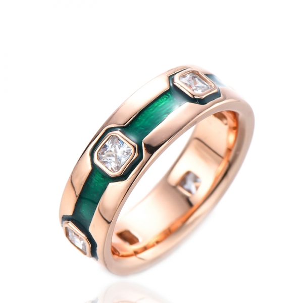 Green Enamel Rose Gold Princess Cut Silver Engagement Eternity Ring 