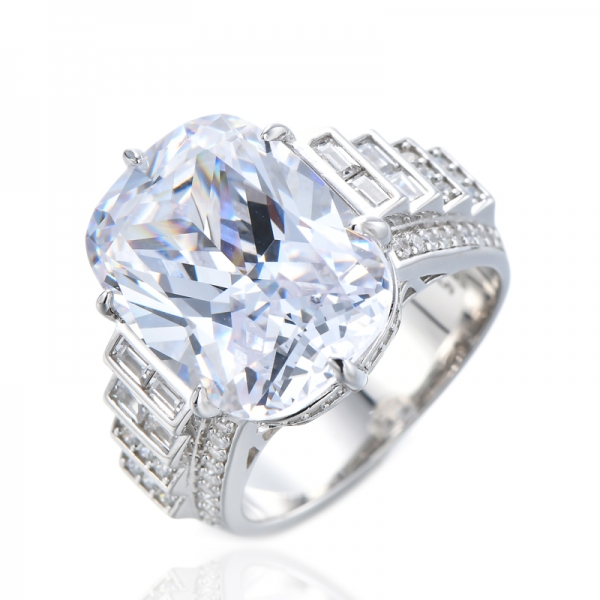 Rhodium Plated Sterling Silver Cushion Cut & Baguette Cubic Zirconia Step Cut Engagement Ring 