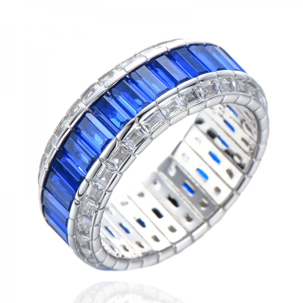 925 Sterling Silver Rhodium Plated Baguette Cut Simulated Blue Spinel and Cubic Zirconia Eternity Ring 