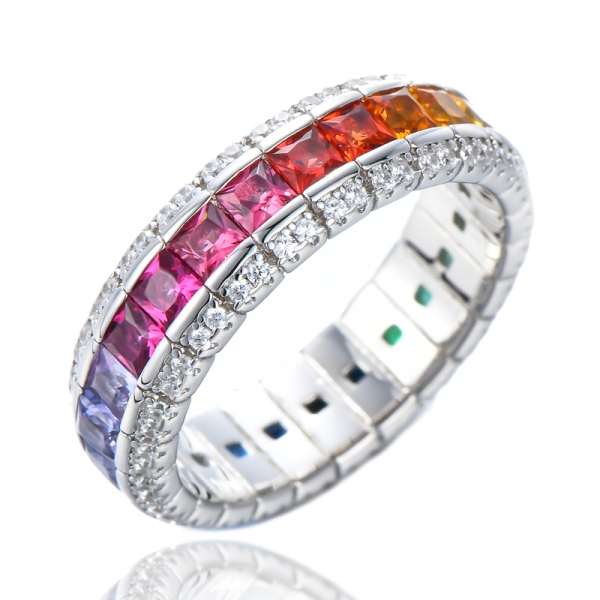 925 Silver Square Cut Multi Color CZ Eternity Band Ring 