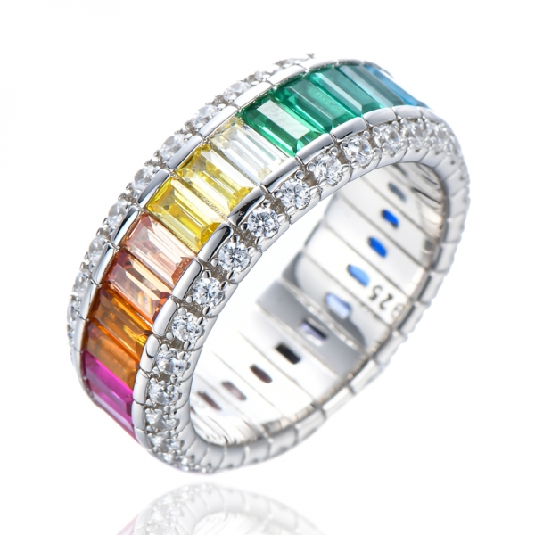 925 Sterling Silver Multicolor Cubic Zirconia Rainbow Ring Created-Gemstone 
