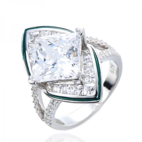 Green Enamel Square Clear White Cubic Statement Ring 