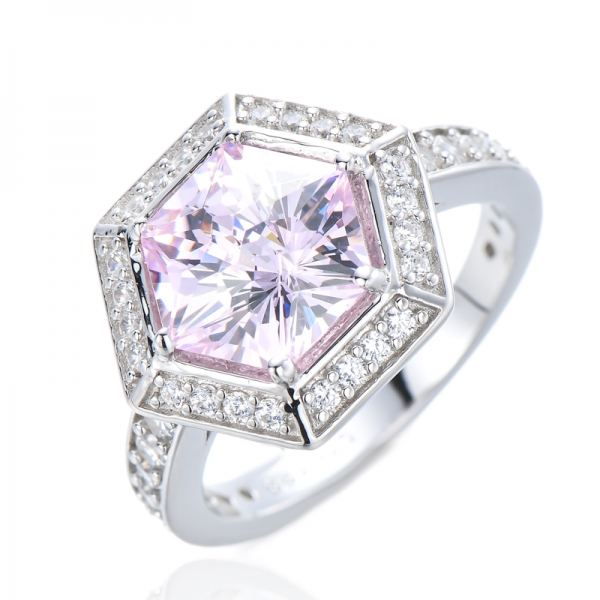 925 Sterling Silver Light Pink Diamond Hexagon Cut Cubic Zirconia Halo Rings 