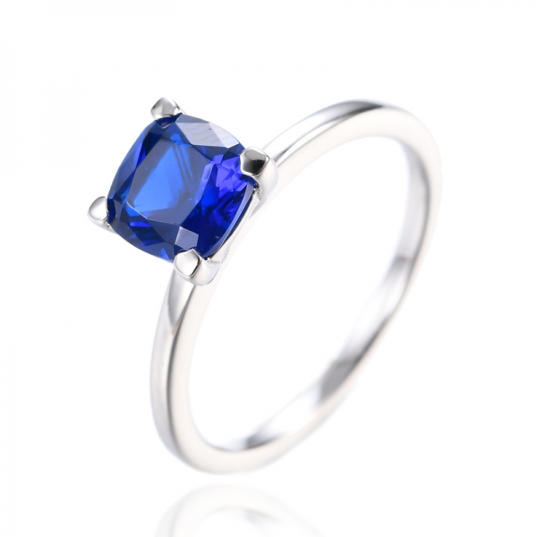 Cushion Shape Simulated Blue Sapphire 925 Sterling Silver Engagement Ring 