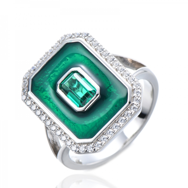 Created Emerald & White Cubic Diamond Green Enamel Ladies Engagement Ring 