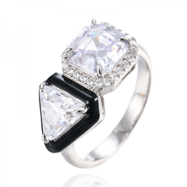 925 Sterling Silver Trangle & Asscher Cut CZ Stone Black Enamel Ring 