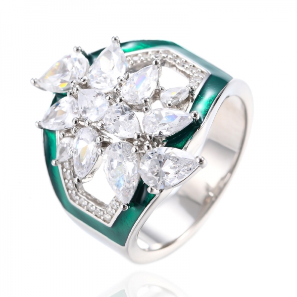 Wholesale 925 Sterling Silver Green Enamel Flower Ring for Women 
