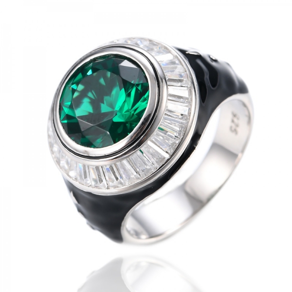Round Cut Birthstone Created Emerald Gemstones 925 Sterling Silver Black Enamel Ring 