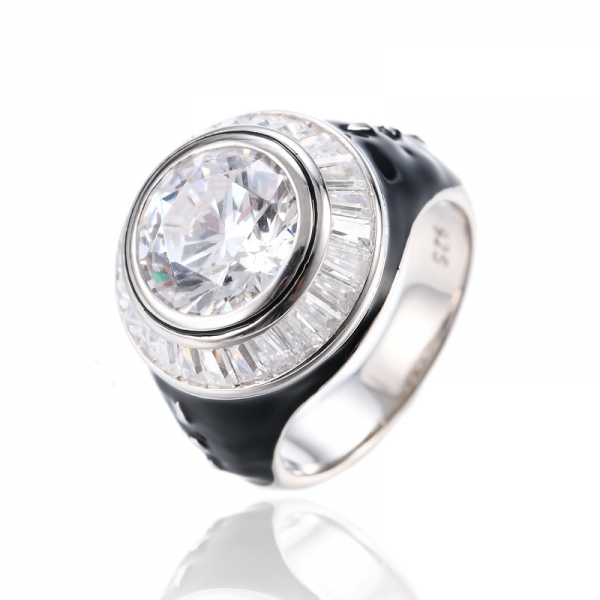 Round Cut Birthstone Created Emerald Gemstones 925 Sterling Silver Black Enamel Ring 