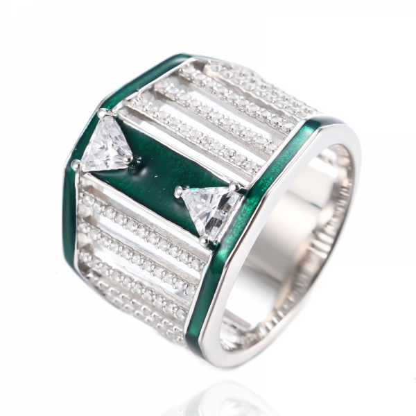 Green Enamel White Triangle Engagement Crystal Zircon Ring 