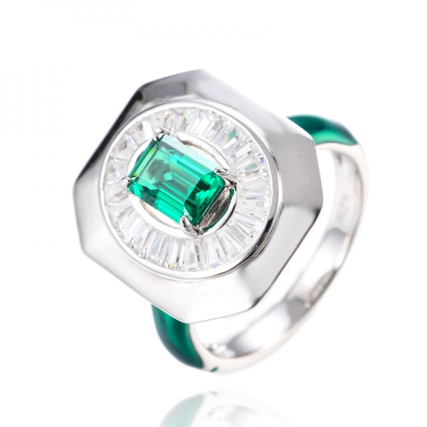 Sterling Silver 925 Art Deco design Green Enamel Halo Ring 