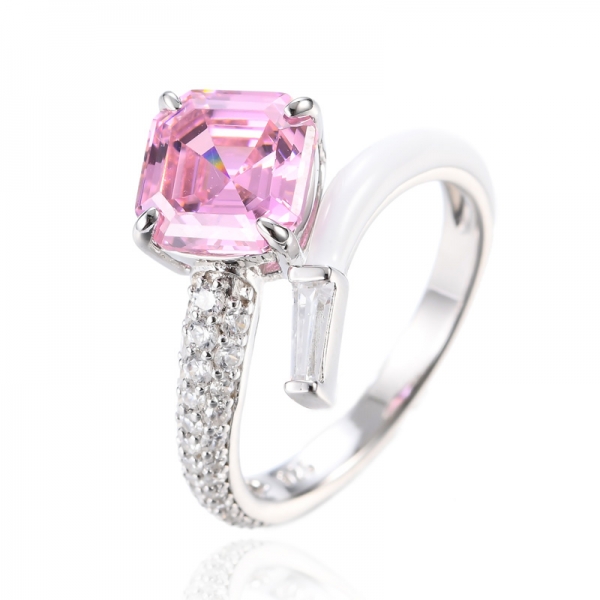 Sterling Silver Asscher-Cut Yellow Cubic Zirconia White Enamel Ring 