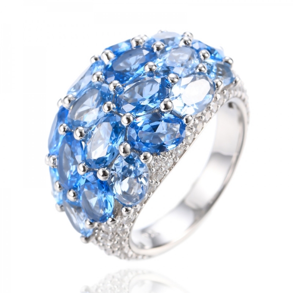 925 Sterling Silver Blue Spinel & Clear Zirconia Women's Ring 