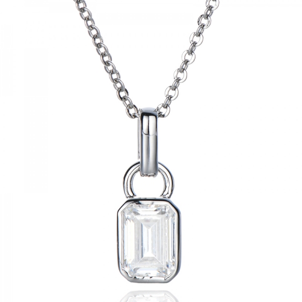 Solid 925 Silver Emerald Cut Clear Cubic Zirconia Handmade Smart Pendant 