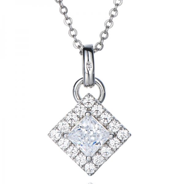 Women's 925 Sterling Silver Halo CZ Square Princess Cut Pendant Necklace 