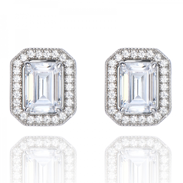 Sterling Silver Studs Emerald Cut Cubic Zirconia Halo Earring 