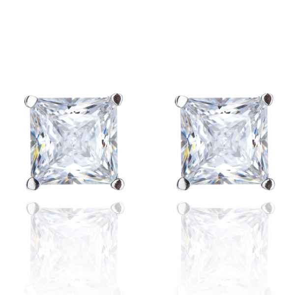 Sterling Silver 925 Square Princess Cubic Zirconia Women Stud Earrings 