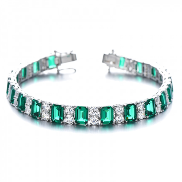 Emerald Cut Green Emerald/Diamond Tennis Bracelet 