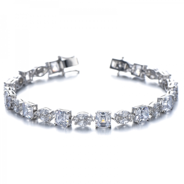 White Cubic Zirconia Marquise&Asscher&Princess Cut Rhodium Over Sterling Silver Bracelet 