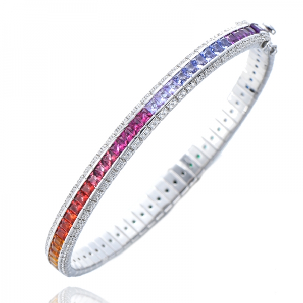 Multi-Color Gemstones Square Cut Sterling Silver Rainbow Bangle 