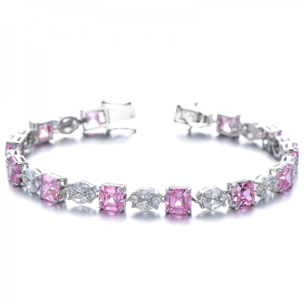 White Cubic Zirconia Marquise&Asscher&Princess Cut Rhodium Over Sterling Silver Bracelet 