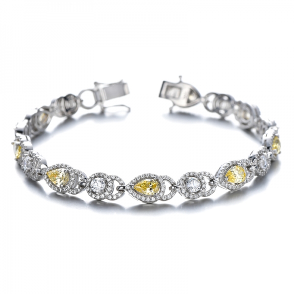 Simulated Light Yellow Diamond Cubic Pear Cut Sterling Silver Tennis Bracelet 