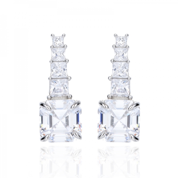 925 Asscher And Square White Cubic Zirconia Rhodium Silver Earring 