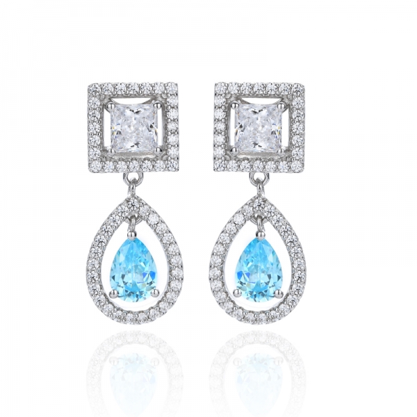 925 Pear Shape Aqua Cubic Zirconia  Rhodium Silver Earring 