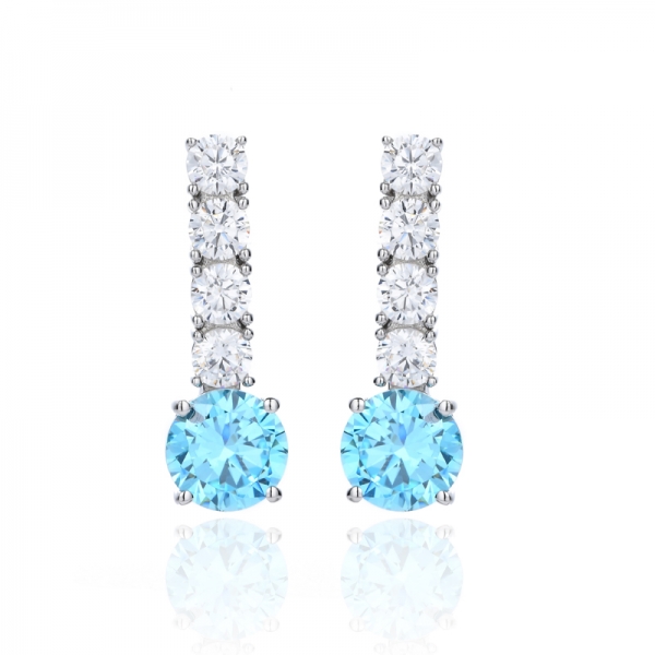 925 Round Aqua Cubic Zirconia Rhodium Silver Earring 