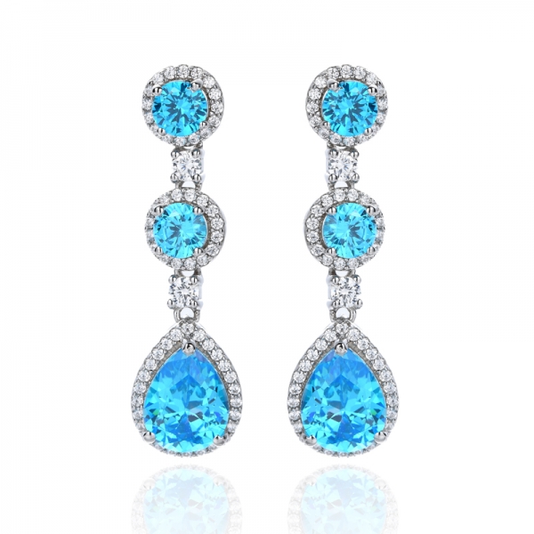 925 Pear And Round Shapes Neon Apatite Cubic Zirconia Rhodium Silver Earring 