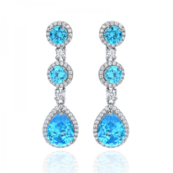 925 Pear And Round Shapes Neon Apatite Cubic Zirconia Rhodium Silver Earring 