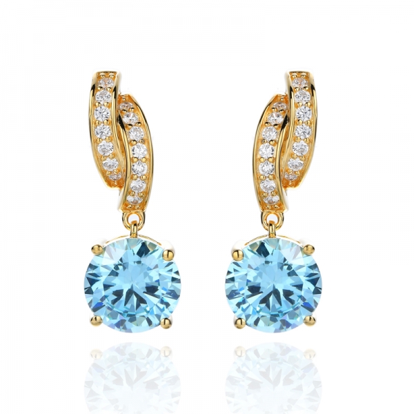 925 Aqua And Round Cubic Zirconia Silver Earring With Gold Plating 