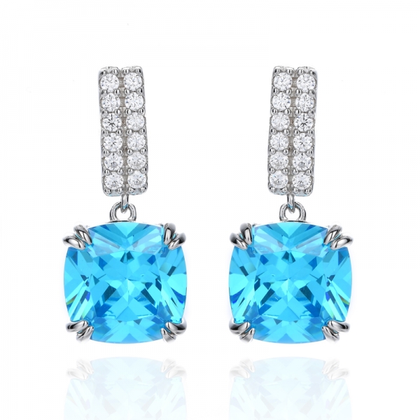 925 Cushion Neon Apatite And Round White Cubic Zirconia Rhodium Silver Earring 