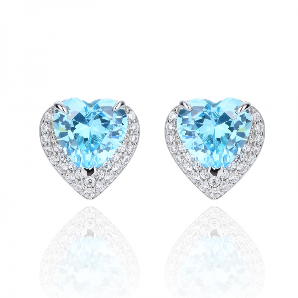 925 Heart Aqua And White Cubic Zirconia Rhodium Silver Earring 