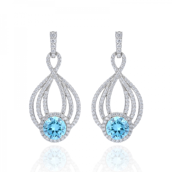 925 Aqua And Round White Cubic Zirconia Rhodium Silver Earring 