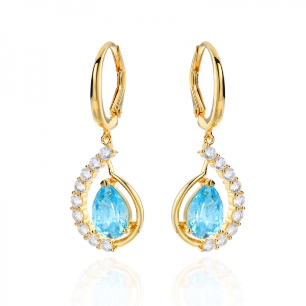 925 Pear Shape Aqua Cubic Zirconia Silver Earring With Gold Plating 