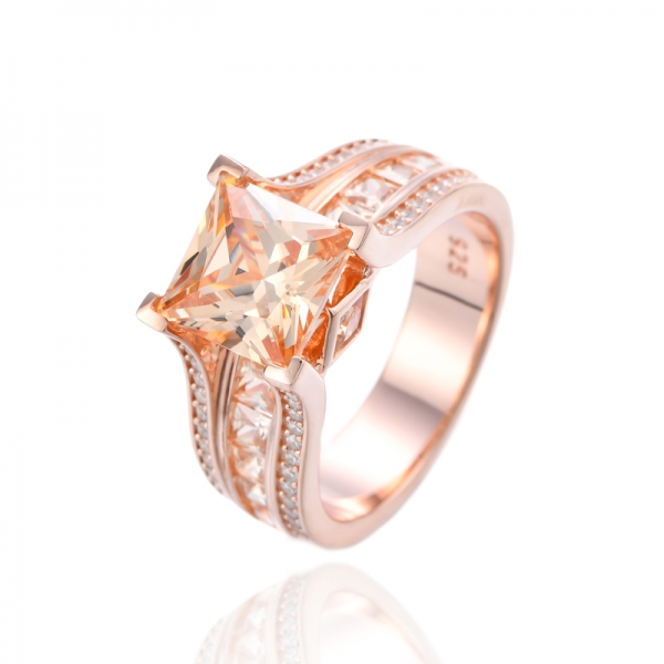 Square Champagne and Round Cubic Zirconia Silver Ring Whit Rose Gold Plating 
