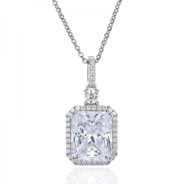 Octagon White And Round Cubic Zircon Rhodium Silver Pendant 