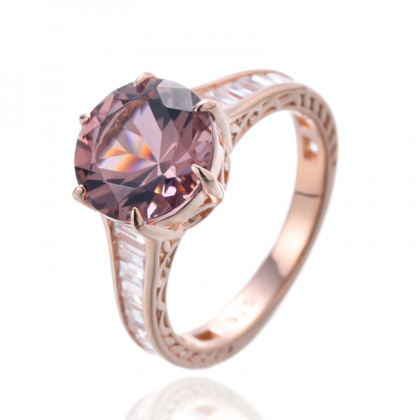 Morganite Nano and Baguette White Cubic Zirconia Silver Ring Whit Rose Gold Plating 