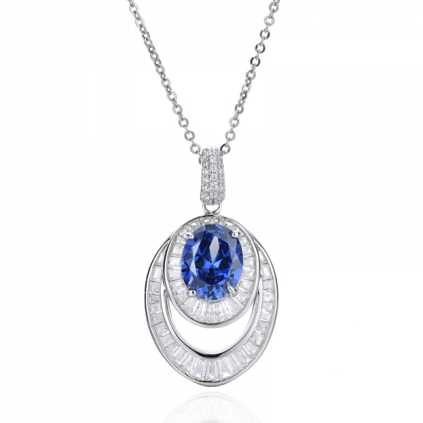 Oval Shape Tanzanite And White Cubic Zircon Rhodium Silver Pendant 