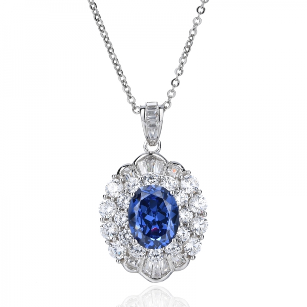 Oval Shape Tanzanite Cubic Zircon Rhodium Silver Pendant 