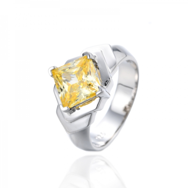 Square Yellow Cubic Zirconia Rhodium Silver Solitaire Ring 