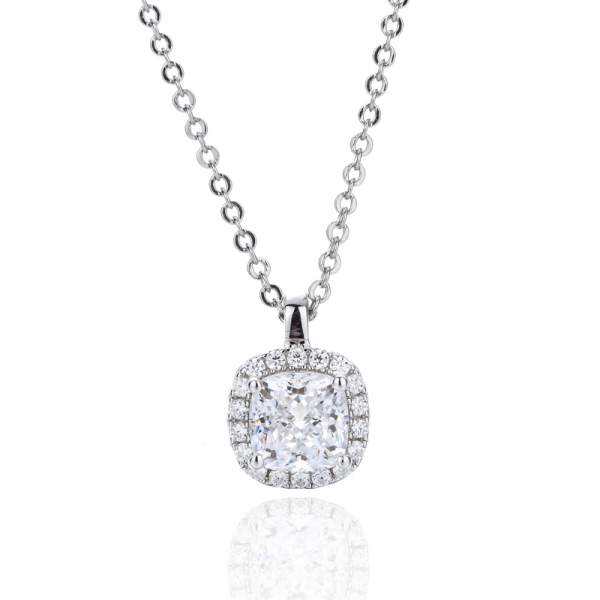 Cushion White And Round Cubic Zircon Rhodium Silver Pendant 