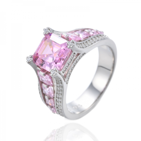 Asscher And Square Pink Cubic Zirconia Rhodium Silver Ring 