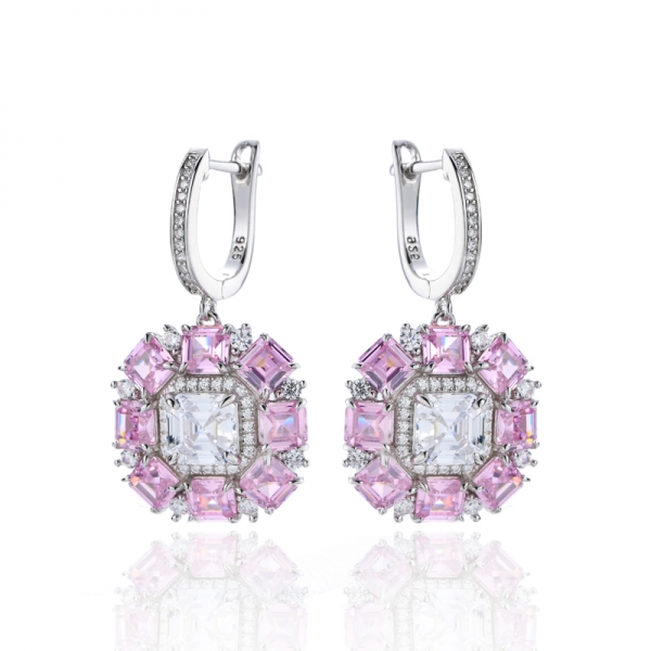 Asscher White And Pink Cubic Zirconia Rhodium Silver Earring 