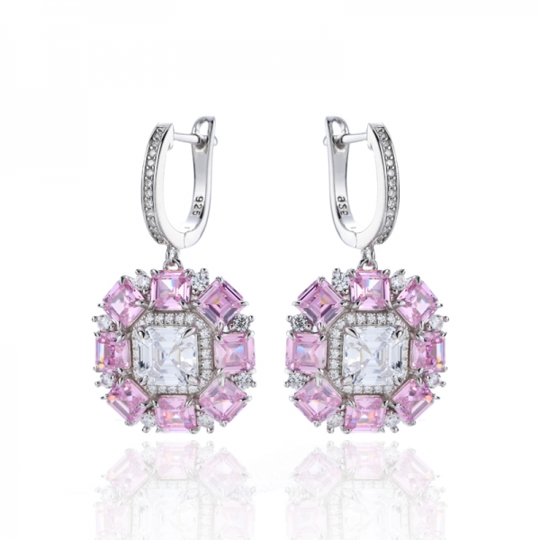 Asscher White And Pink Cubic Zirconia Rhodium Silver Earring 