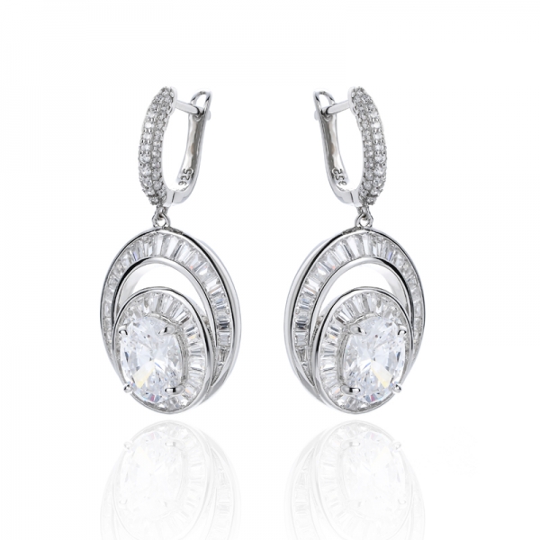 Oval Cut Tanzanite And White Cubic Zirconia Rhodium Silver Earring 