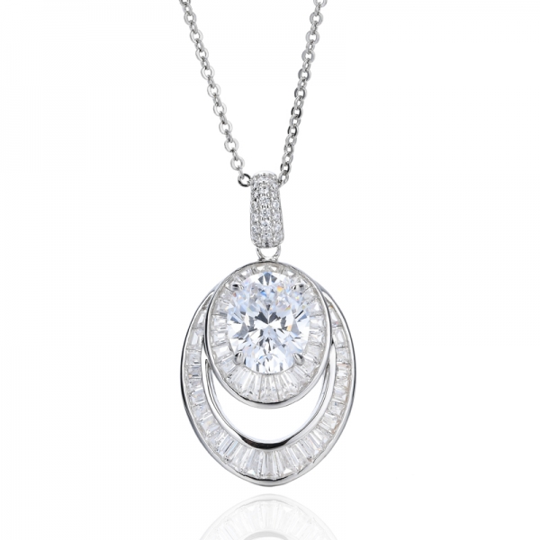 Oval Shape Tanzanite And White Cubic Zircon Rhodium Silver Pendant 